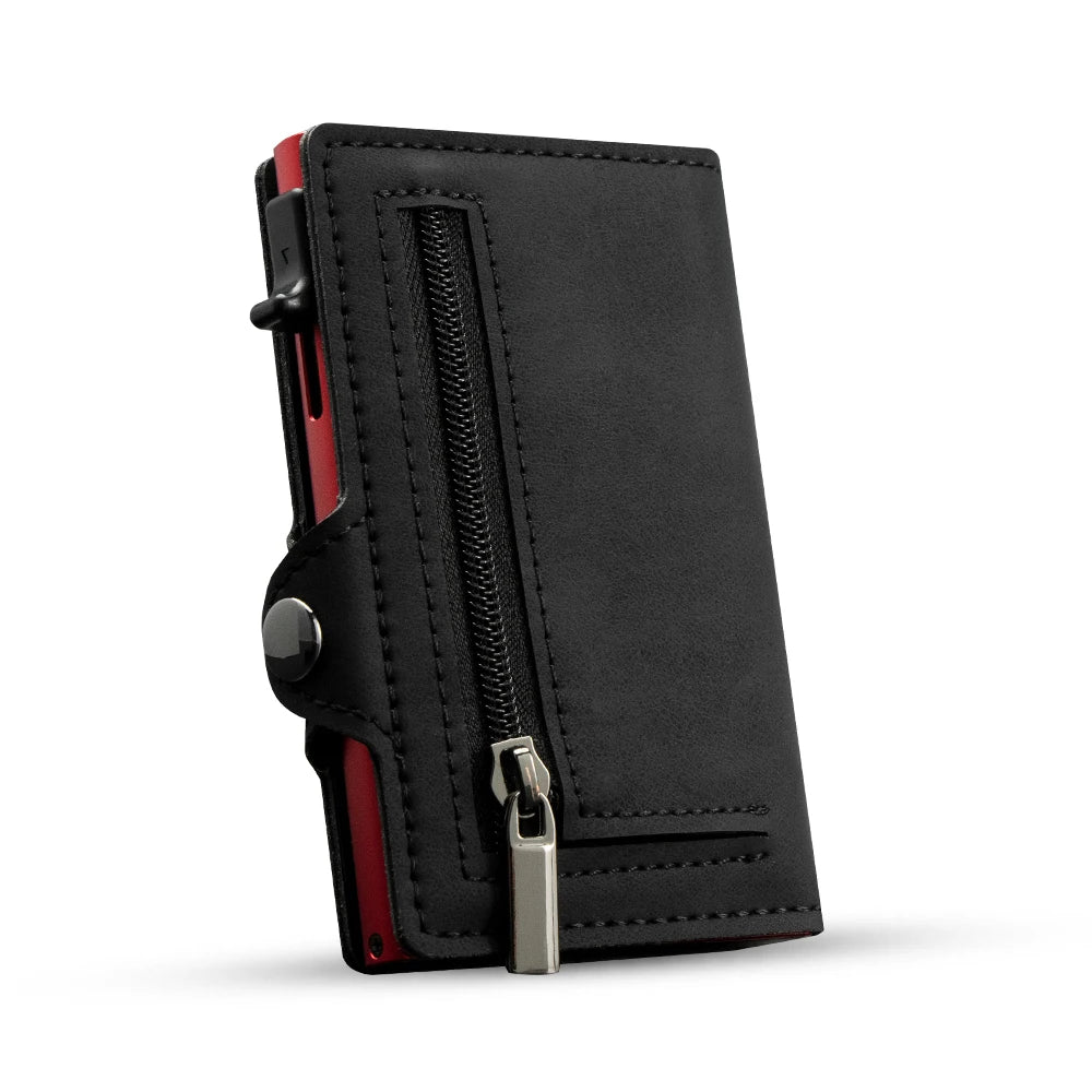 CASEKEY Pink Wallet Slim Minimalist Leather Pop UP Wallet Rfid Blocking Mini Aluminum Automatic Card Holder for Women Men BlackRed with Zipper