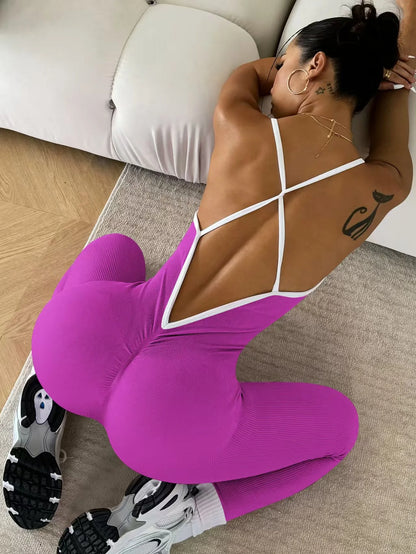 Color Blocking Straps Sports Yoga Jumpsuit Sleeveless Quick Drying Thread Tight Fitting Fitness One-Piece Yoga Suit Luxury Brand Fuchsia