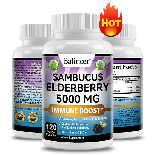 Elderberry - 5000 mg Per Serving, Vitamin C & Zinc, ImmunoBooster for Immune Support, Skin Health, 120 Veggie Capsules