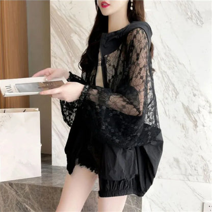 Fashion Lace Hollow Sun-Protective Clothes Women Hooded Coat New Summer Long Sleeve Cardigan Jacket Female Loose Outerwear G2498