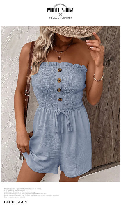 Summer Fashion Splicing Women's Solid Color Sexy Sleeveless Bra Button Tie Waist Casual Comfortable Jumpsuit Shorts 3/4