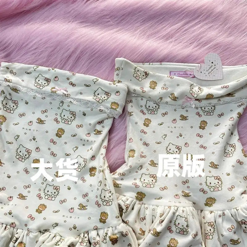 Japanese Hello Kittys Skirt Kawaii Cartoon Kittys Print Dress Y2K Girls Slim-Fit Cake Skirt Women's Sexy Strapless Dresses Gift