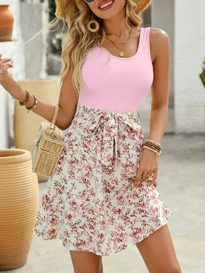 New Summer Woman Elegant Lace-up Sleeveless A-Line Dress,beach Dress For Ladies,Woman Clothing,Floral Dresses