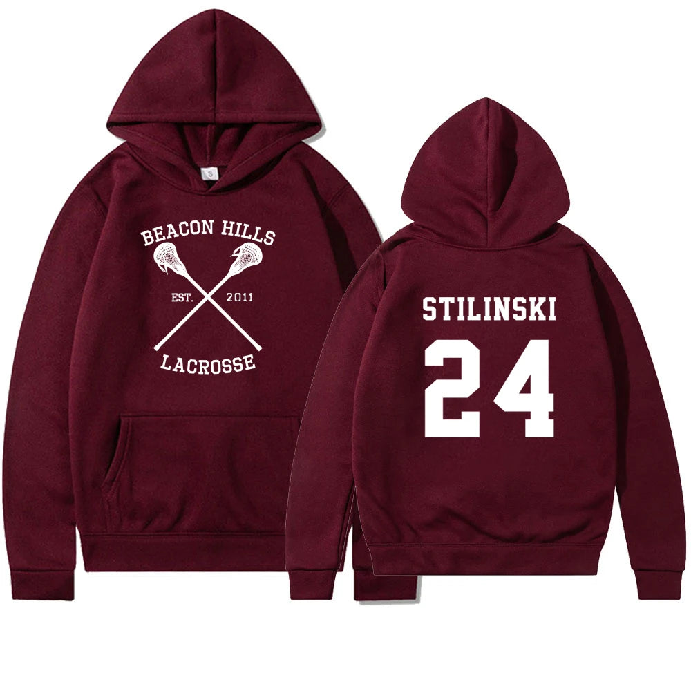 Teen Wolf Hoodie Beacon Hills Lacrosse Hoodie Stilinski 24 Teen Wolf Hooded Sweatshirt Dylan Obrien Unisex Teen Wolf Hoodies Burgundy