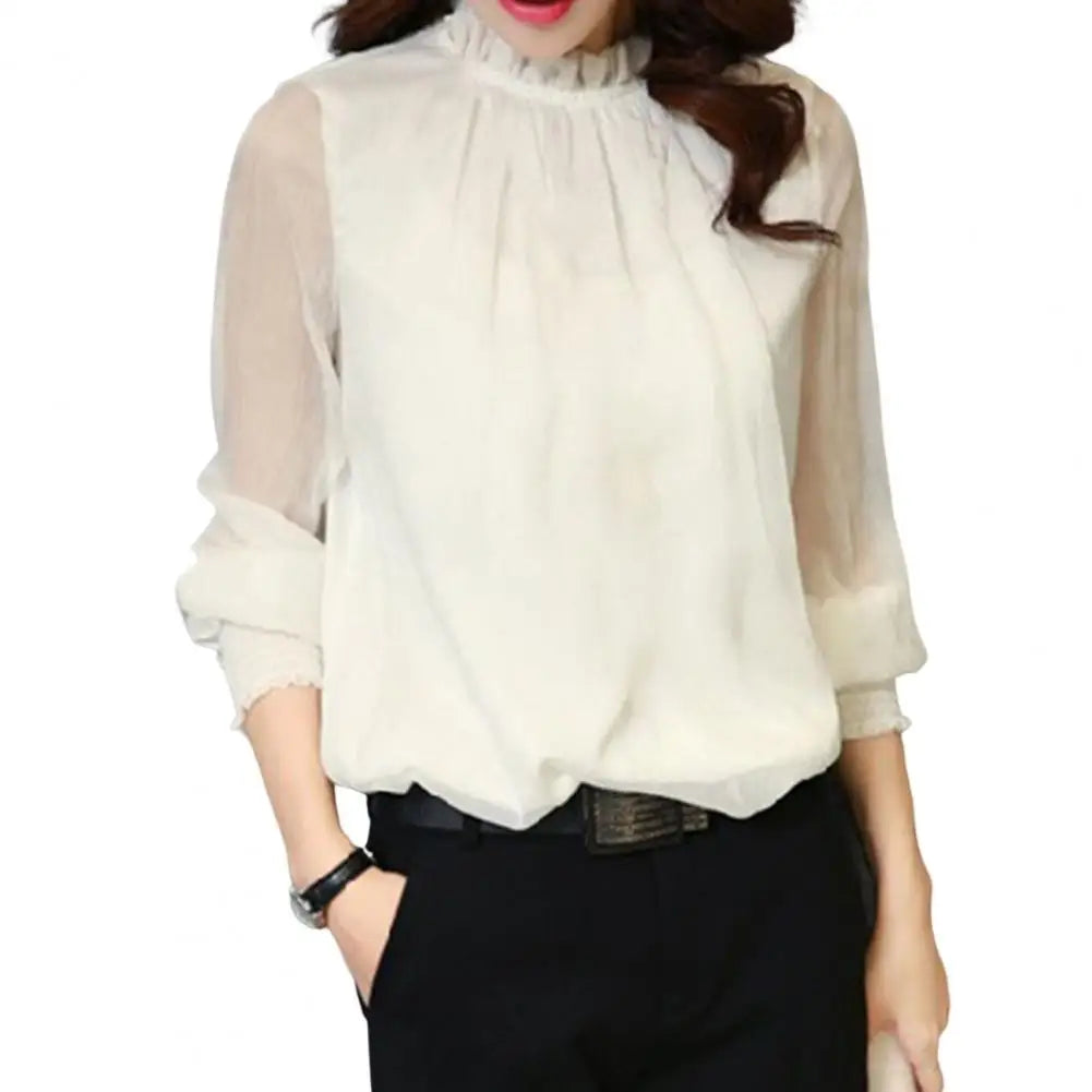 Perspective Net Mesh Sleeve Office Shirt Top Elastic Cuffs Women Shirt Elegant Ruffle Collar Blouse Solid Color Chiffon Shirt White