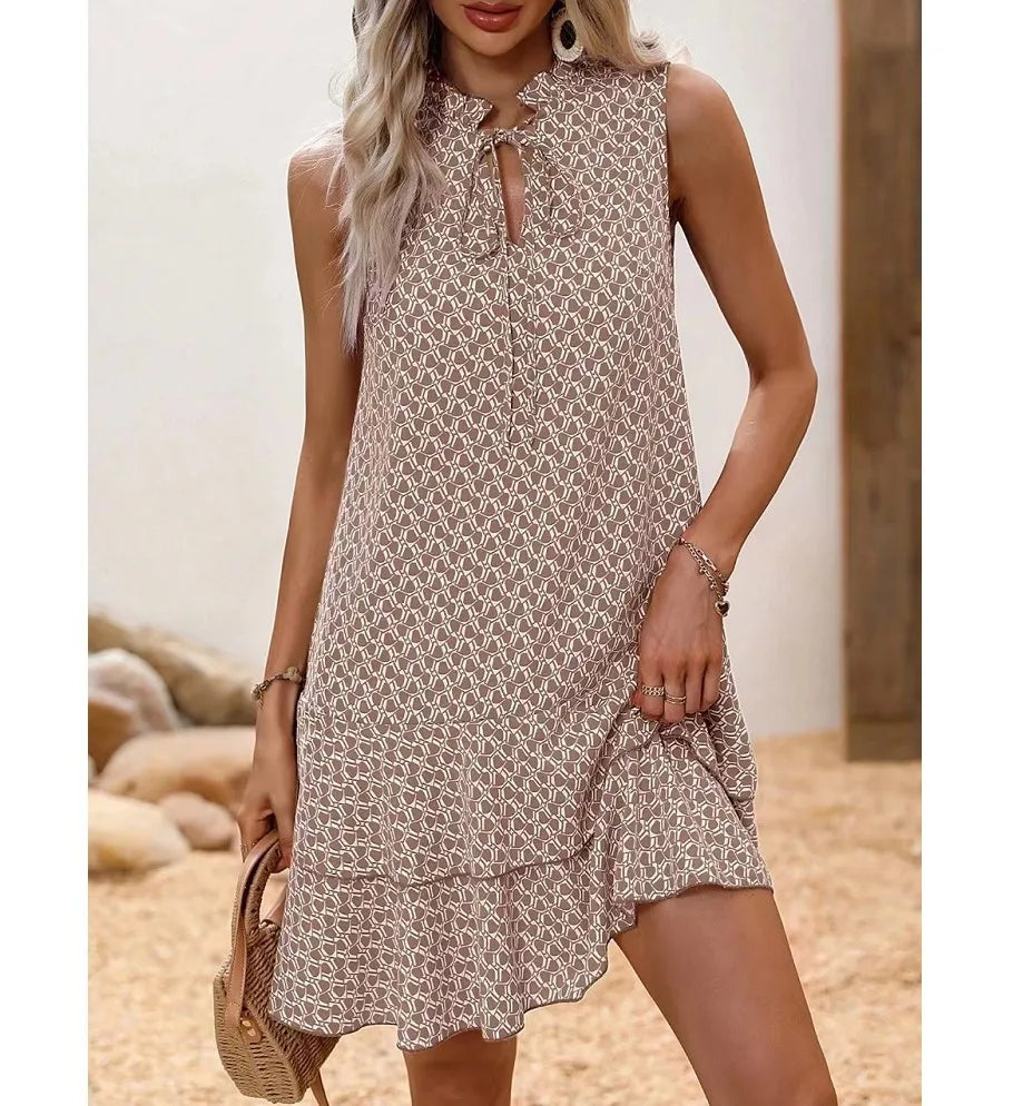 2025 Elegant Women's Casual Loose Ruffle Mini Dress Summer Bohemian Printed V-neck Lace-up Small Flying Sleeve Dresses For Women Brown