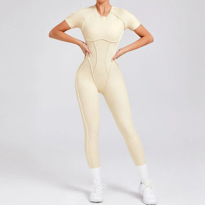 New Autumn/Winter Women's One-piece Yoga Jumpsuit leggings Long-sleeved Sexy Backless Slim Fit Sports Outfit beige st set