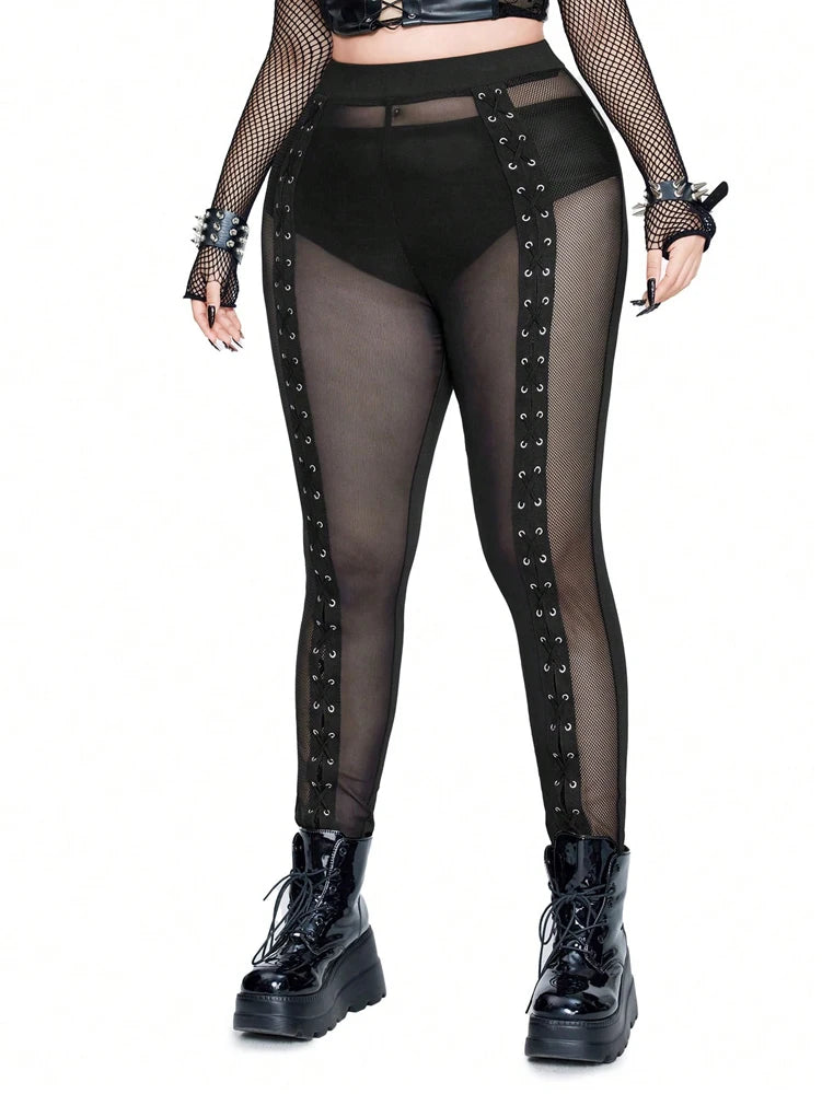 Plus Size Rave Coachella Women's Cock Eye Webbing Drawstring Tie-Up Mesh Spliced Mesh Trousers Punk Style