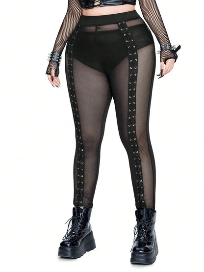 Plus Size Rave Coachella Women's Cock Eye Webbing Drawstring Tie-Up Mesh Spliced Mesh Trousers Punk Style
