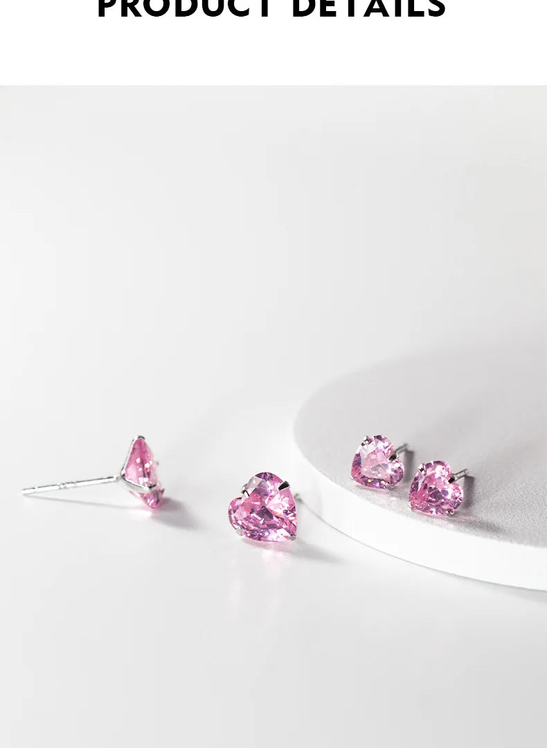 TrustDavis Real 925 Sterling Silver Earrings Cute Pink Heart Charm Shiny CZ Stud Earrings for Women Kids Teen Jewelry DS3731