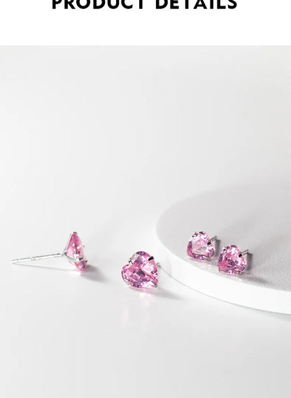TrustDavis Real 925 Sterling Silver Earrings Cute Pink Heart Charm Shiny CZ Stud Earrings for Women Kids Teen Jewelry DS3731