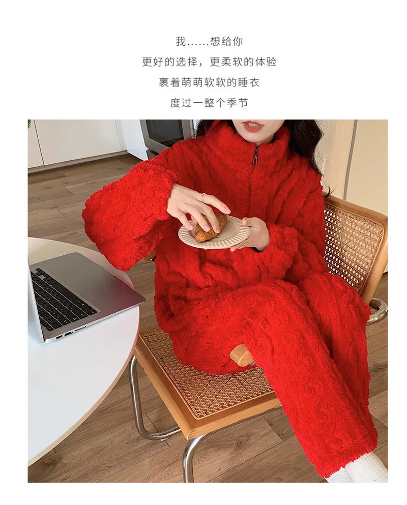 Large Size Flannel Pajamas Set Autumn Winter Female Sleepwear Trouser Suit Thicken Coral Fleece High Collar Lounge Wear Homewear