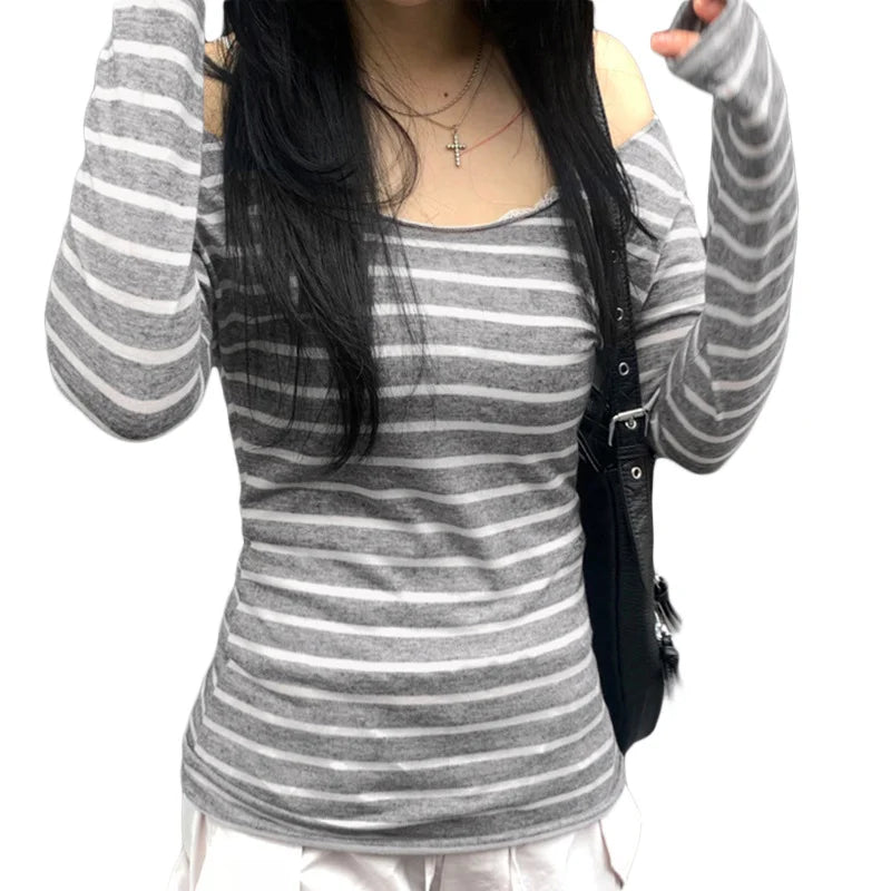 Lamuusaa Grunge Top y2k Clothes Women Cybercore Striped Off Shoulder Long Sleeve T Shirt 2000s Gothic Clothing Fall Streetwear As photo shows 1