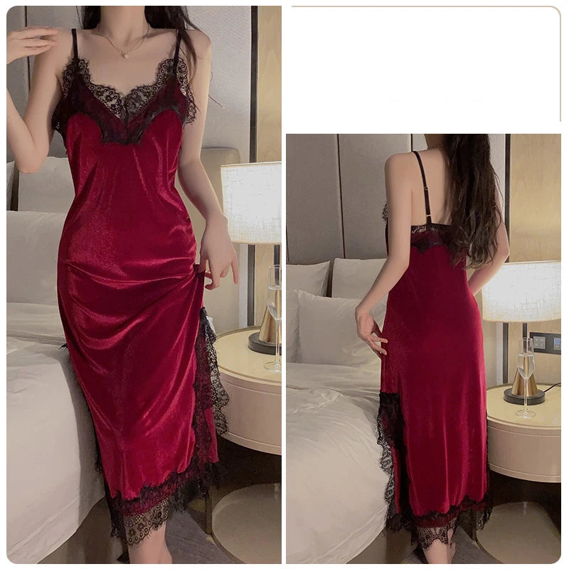 Women Warm Velour Homewear Long Kimono Robe Cami Sleepwear Burgundy Bathrobe Set Sexy Nightgown Winter Robe Suit Loungewear Burgundy NIghtgown