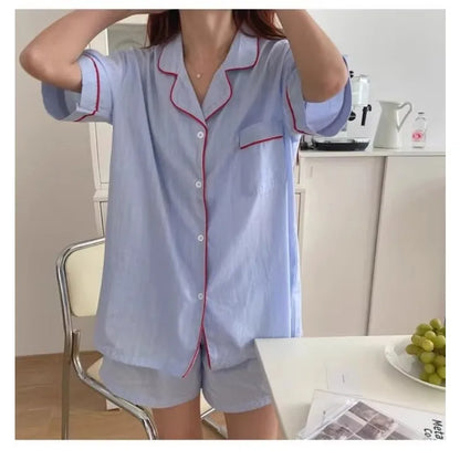 Women's Striped Solid Color Pajamas Short Sleeve Shorts Cardigan with Lapel Student Homewear Two-Piece Set Girl Sleepwear