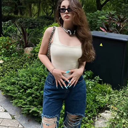 White Sports Tank Top Women Scoop Neck Off Shoulder Body Top Streetwear Ribbed Bodysuits Suit Slim Clothes Catsuit Clothing Off-white