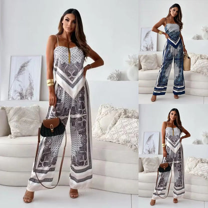 Summer New Women's Fashion Printed Sleeveless Strap Wrap Chest Sexy Strap Open Back+Positioning Flower Pants Set Two Piece Set
