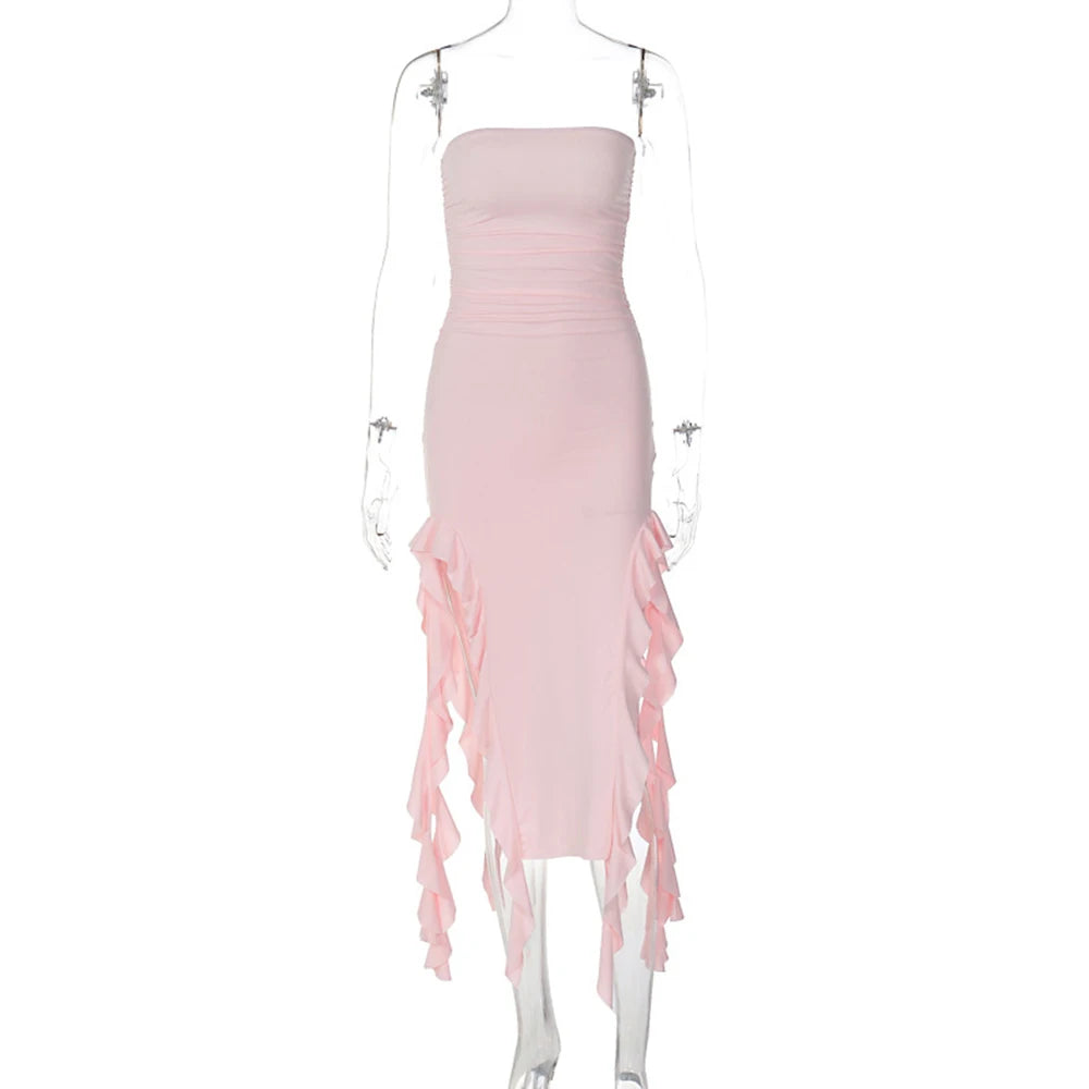 WonMiracle Elegant Strapless Dress Women Irregular Tassel 2024 Summer Trend Skinny Split Maxi Bodycon Party Dress For Women