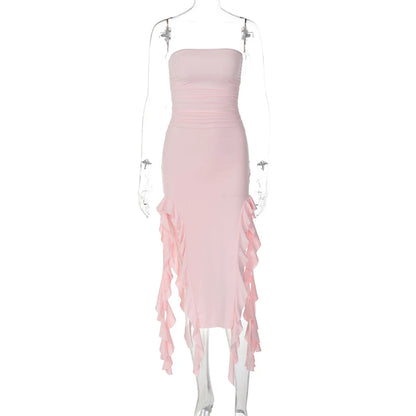 WonMiracle Elegant Strapless Dress Women Irregular Tassel 2024 Summer Trend Skinny Split Maxi Bodycon Party Dress For Women