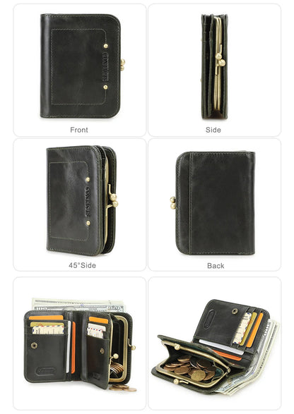 CONTACT'S Genuine Leather Short Wallets for Women Kiss Lock Classic Wallet Metal Frame Coin Purses Card Holder Money Clip Bags