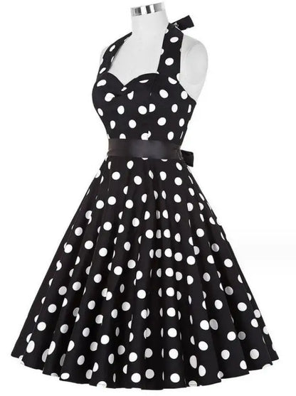 Women Summer Polka Dot Vintage Dress Fashion Party Office Lady Rockabilly Big Swing Halter Clothes