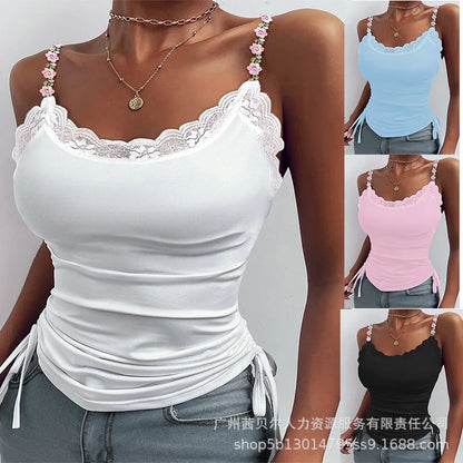 2024 Spring Summer New Vest Top Women's Closing Solid Color Slim Top Women Sexy Lace Stitching Three-Dimensional Decoration Vest