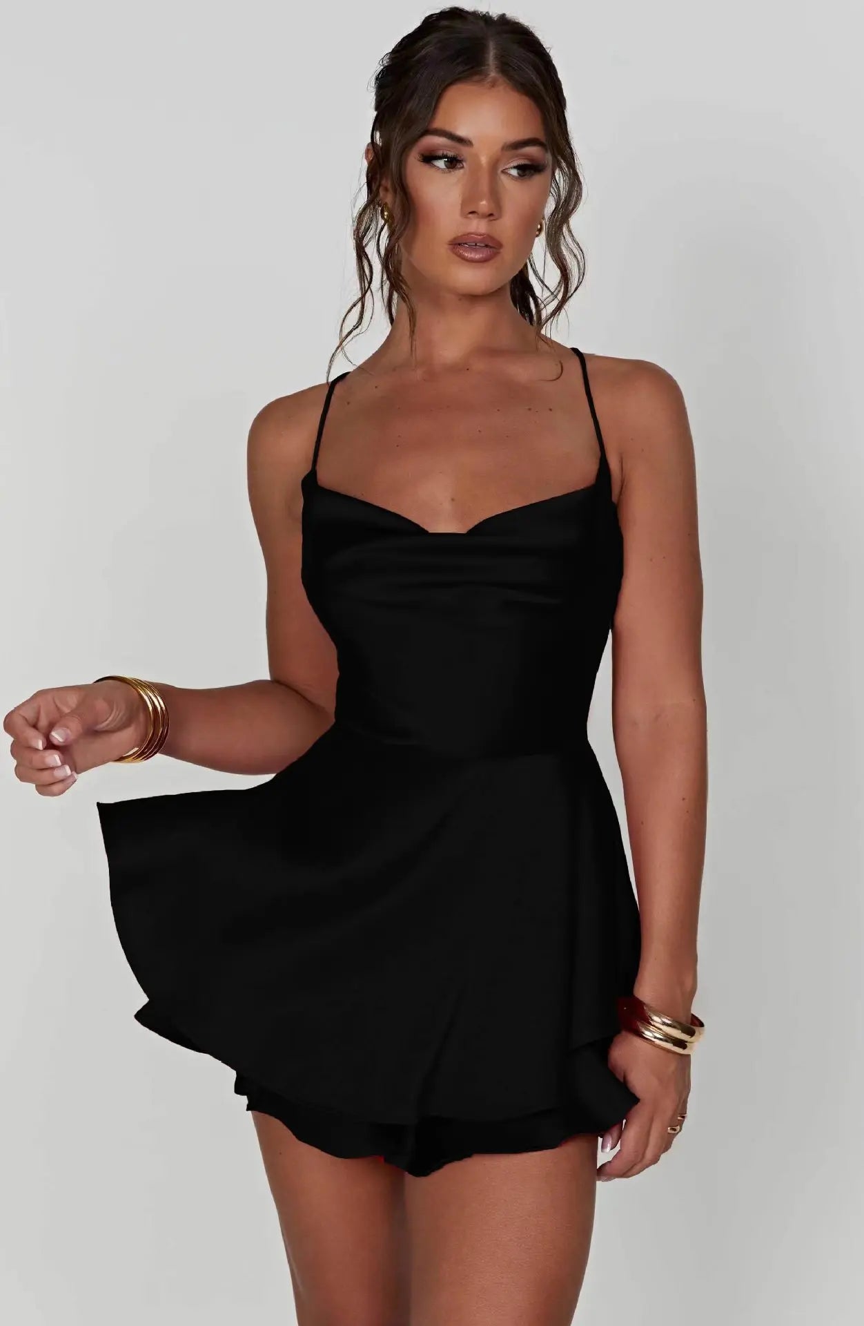 2025 Summer Hot Sale Sexy Solid Color Backless Short Dress - Crisscross Straps Satin Skirt Badiee Stylez
