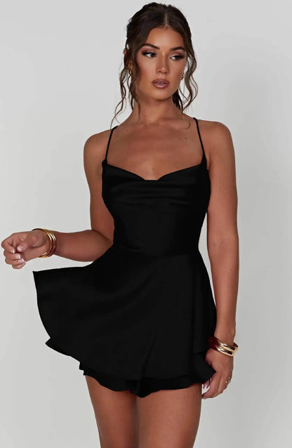 2025 Summer Hot Sale Sexy Solid Color Backless Short Dress - Crisscross Straps Satin Skirt Badiee Stylez