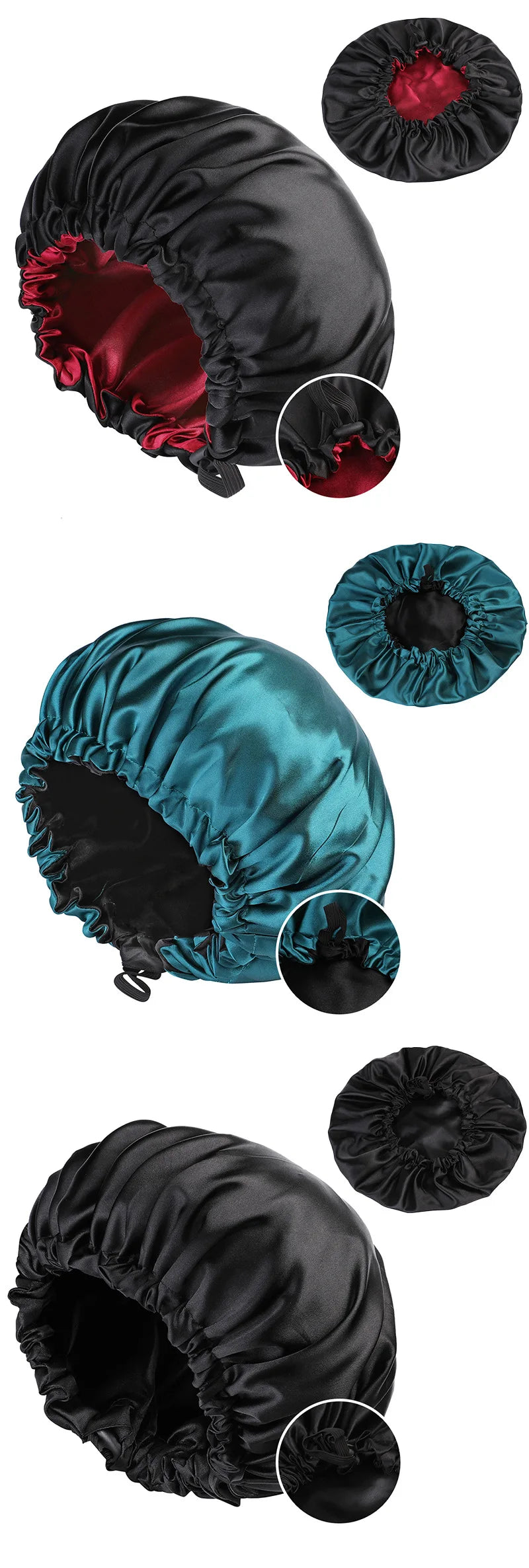 Adjustable Double Layer Satin Bonnet Nightcap Doubleside Women Round Shower Caps Night Sleep Polyester Hat Solid Black Lining Badiee Stylez