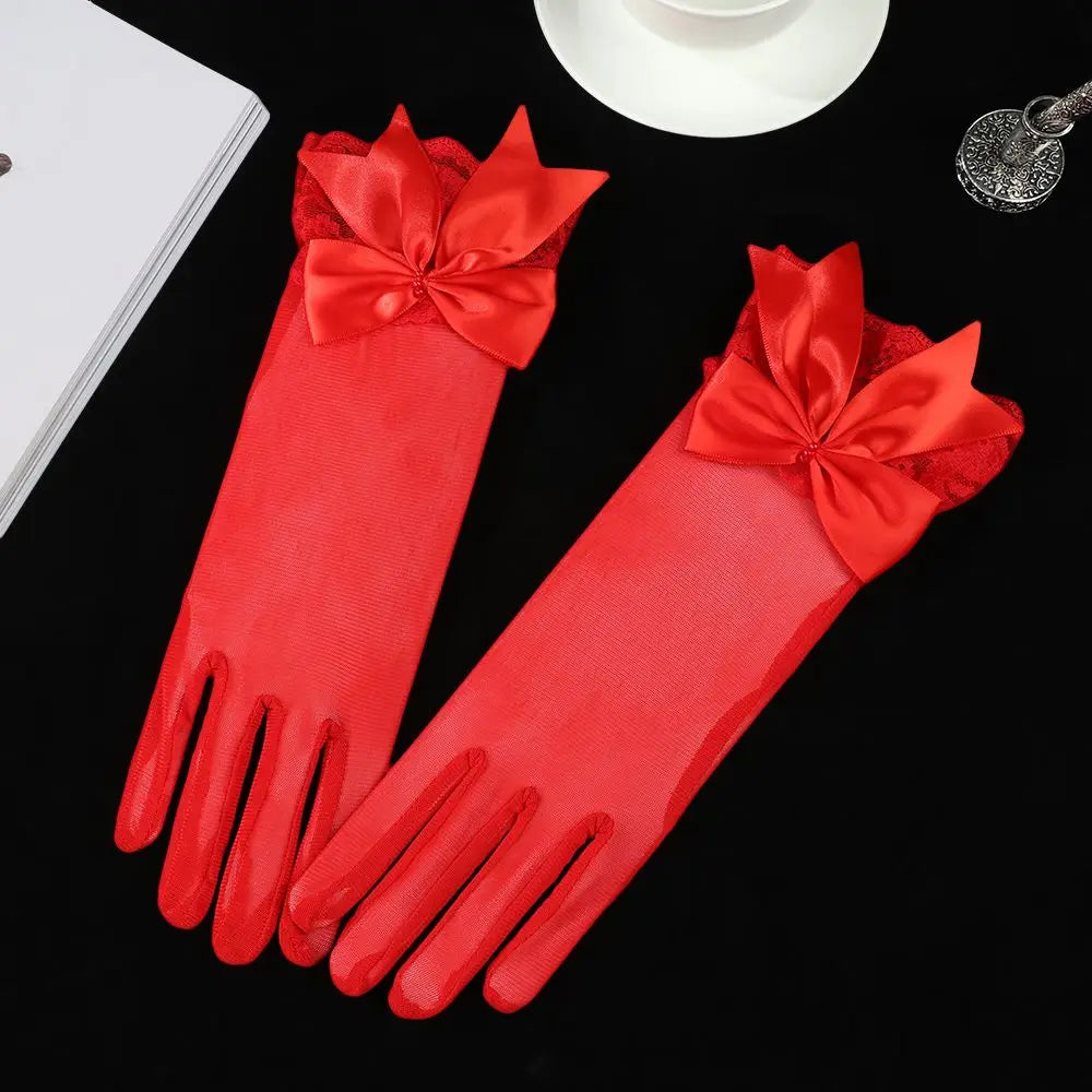 Fashion Bride Bow Lace Chiffon Gloves Women White Gloves Sunscreen Driving Gloves Marriage Party Accessories