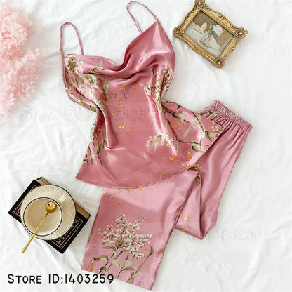 Four Pieces Pajamas Set Printed Little Cherry Sleepwear Women Satin Nightgown With Suspender Sling&Shorts Summer Home Clothes Pink Cherry C