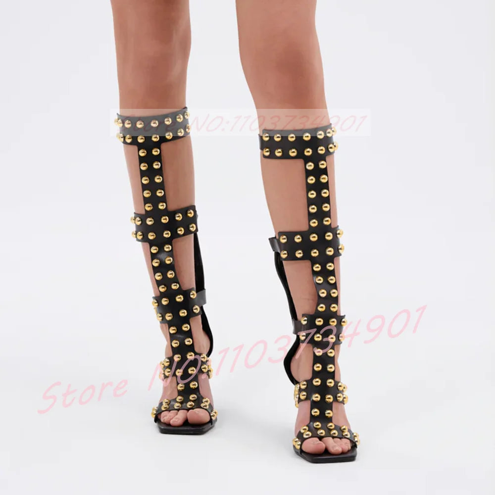 Gold Dome Studs Sandals Women Party Gladiator Open Toe Belt Buckle Zipper Knee High Shoes Female Sexy Black High Heels Sandals