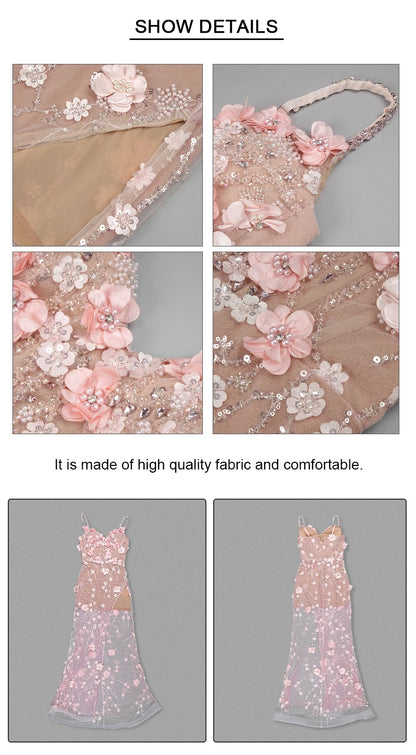 VC Diamond Beaded Spaghetti Strap Long Dress Pearls Sequins Structured Flowers High Split Sheer Mesh Trendy Celebrity Party Gown Badiee Stylez