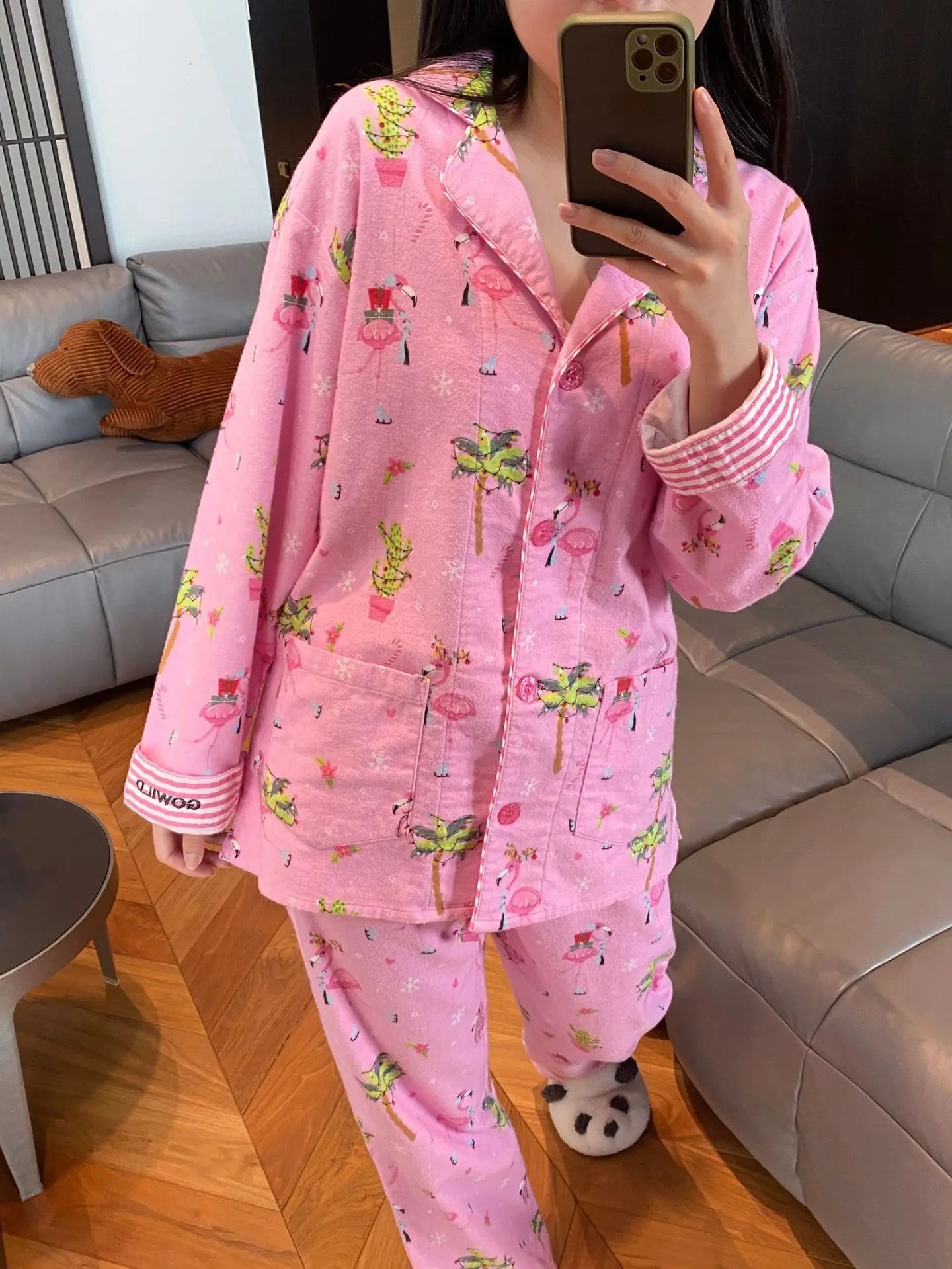 Women's Print Cotton Pajama Set Long Sleeve Autumn Winter Ladies Sleepwear 2 Pcs with Pant Single Breasted Pijama Suit Female