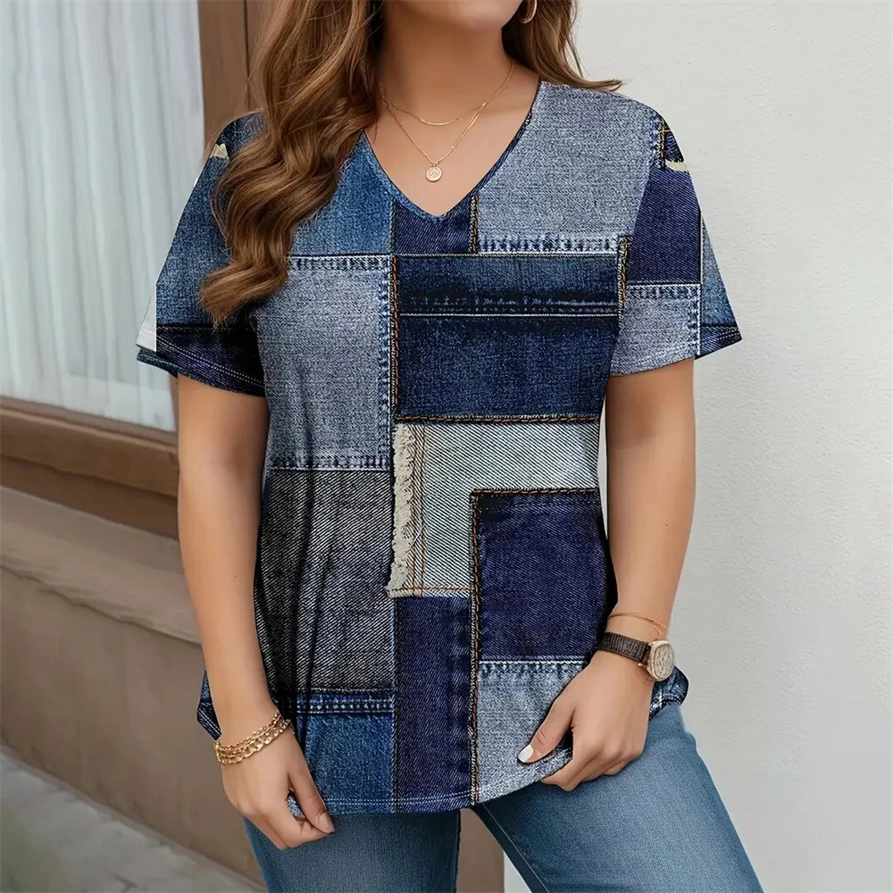 Checkered 3D Pattern Printed Women's V-Neck Short Sleeve Striped Minimally Printed Woman ClothingTop Women's Loose Women's Shirt S56VTX4655