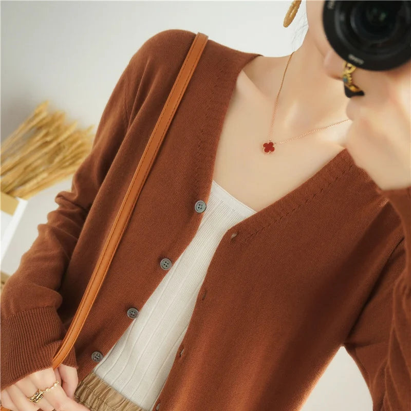 100% Cotton Line Long Sleeve V-Neck Knitted Cardigan Women Loose Short Solid Color Simple Sun Protection SMY K61