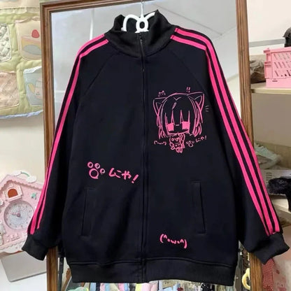 Punk Harajuku American Vintage Cute Print Hoodies Japanese Fashion Loose Y2k Aesthetic Sweatshirts Autumn All Match Clothes New Style 2 black