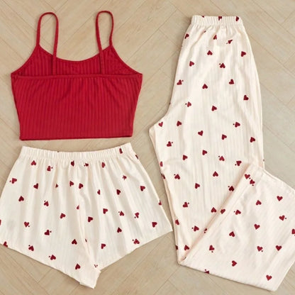 3pcs Women's Pajamas Heart-shaped Printed Vest Shorts And Pants Paired With Ribbed Fabric For Home Casual Women's Sleepwear Set