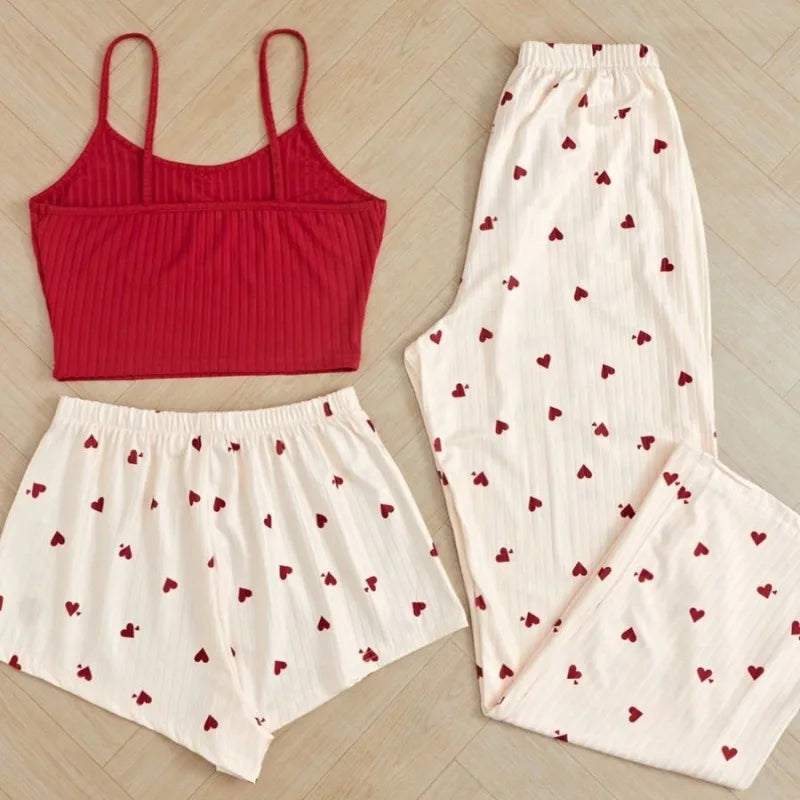 3pcs Women's Pajamas Heart-shaped Printed Vest Shorts And Pants Paired With Ribbed Fabric For Home Casual Women's Sleepwear Set Badiee Stylez