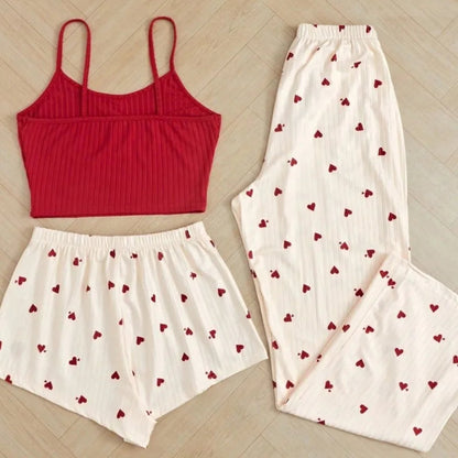 3pcs Women's Pajamas Heart-shaped Printed Vest Shorts And Pants Paired With Ribbed Fabric For Home Casual Women's Sleepwear Set Badiee Stylez