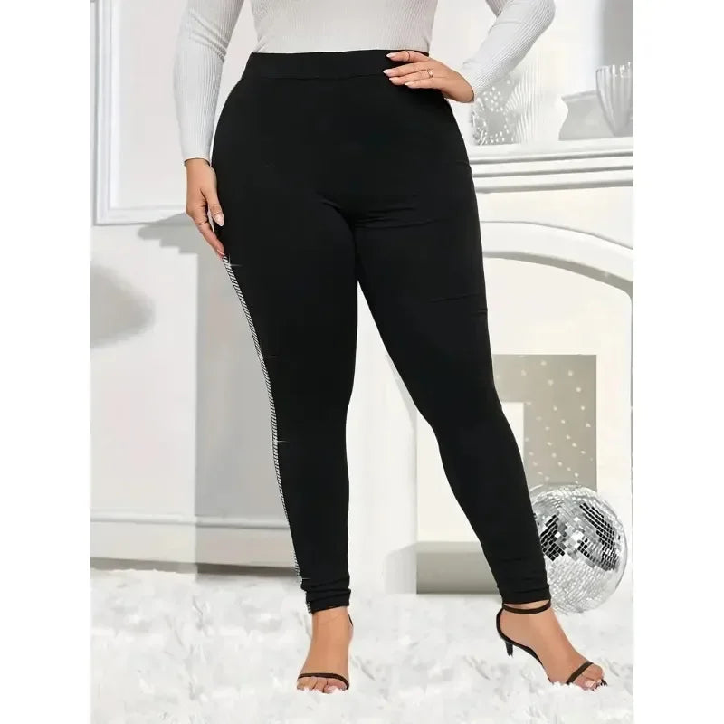 Plus Size New Women's Casual Rhinestone-Trimmed Tight Leggings - Stretchy Solid Color All-Season Machine Washable