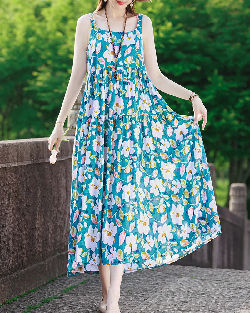 New Fashion Casual 2025 Summer Elegant Dresses For Women O-Neck Print Vintage Sleeveless Dress Loose Women Clothing color 3