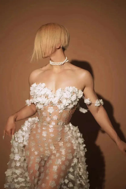 Sexy Mesh See Through Flowers Backless Long Dress 2025 Women Elegant Party Wedding Celebrate Evening Gown Prom Hotwife Outfit