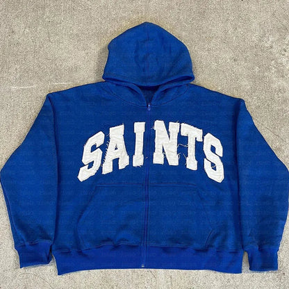 Y2K New European and American Fashion High Street Trendy Sweatshirts Hip Hop Zipper Jacket for Men Letter Patch Loose Hoodies