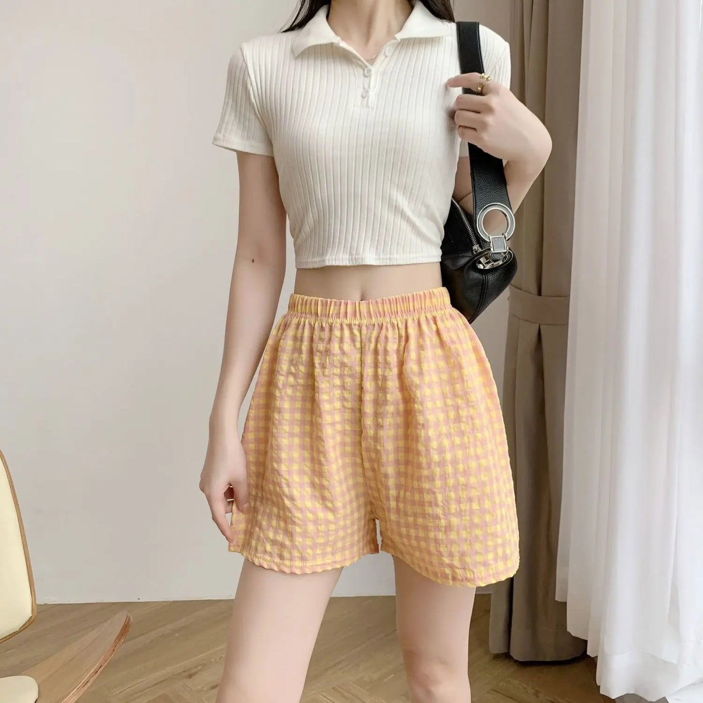 Summer Home Shorts Women's High Waisted Slimming Wide Leg Pants Sports Casual Pants Loose Plaid Pajama Pants