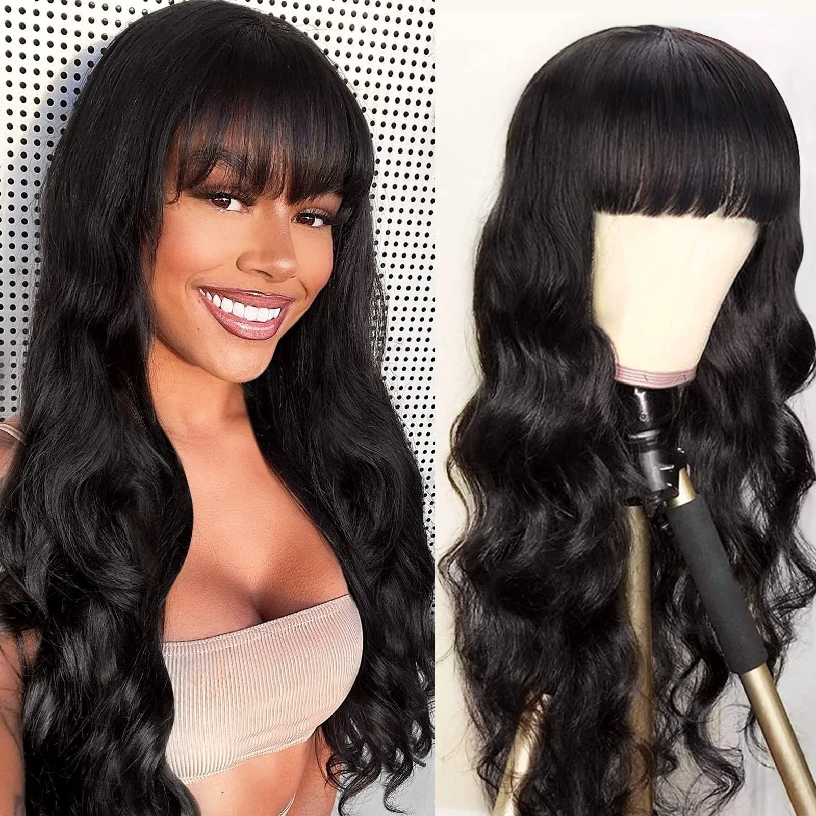 3X1 Glueless Wigs Human Hair with Bangs Body Wave Human Hair Wig with Bangs 3X1 Bleached Knots Lace Front Wig for Black Women Badiee Stylez