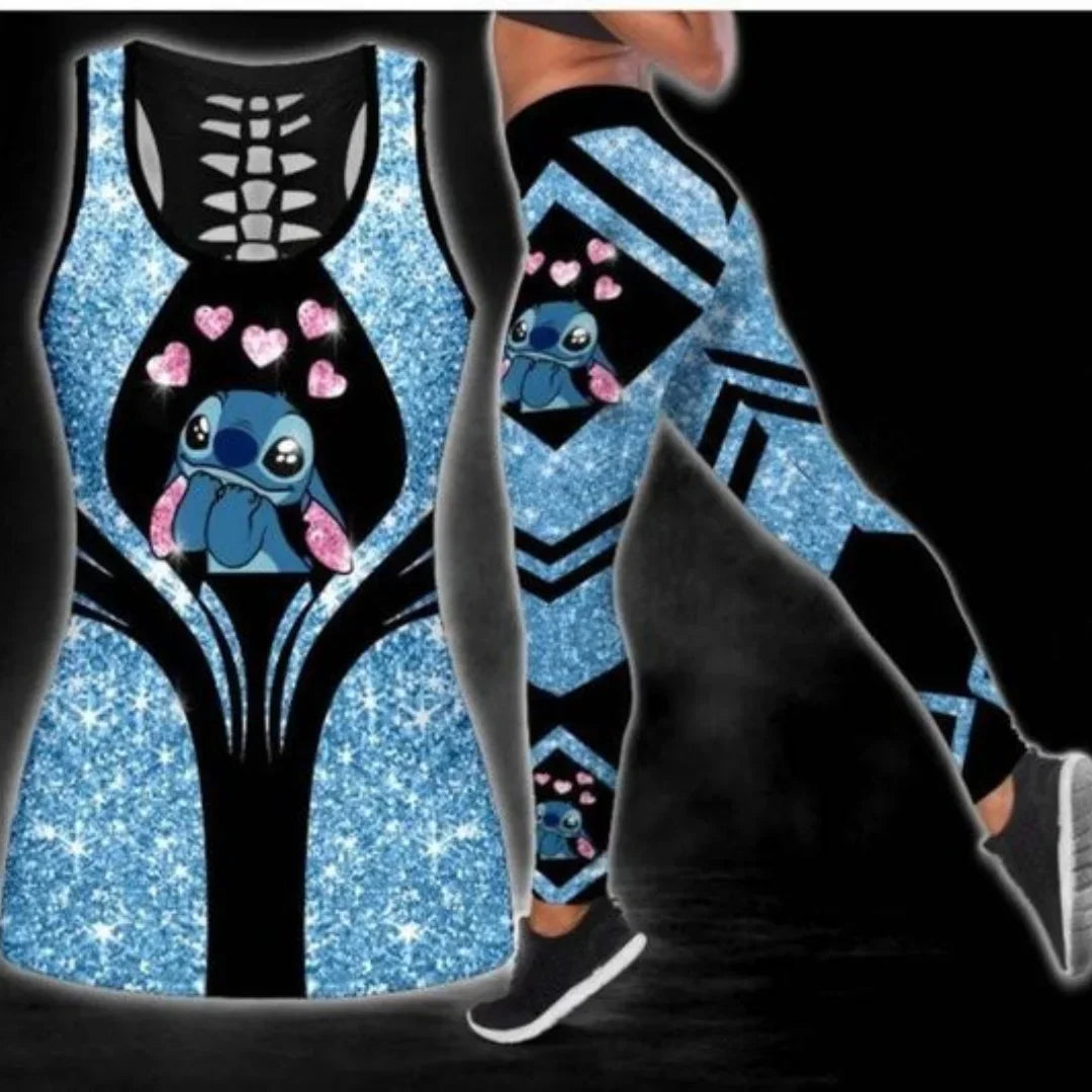 2024 Disney Stitch Women's Hollow Tanktop Yoga Set Summer Fitness Leggings Tracksuit Disney Cutout Tank Top Leggings Set 2