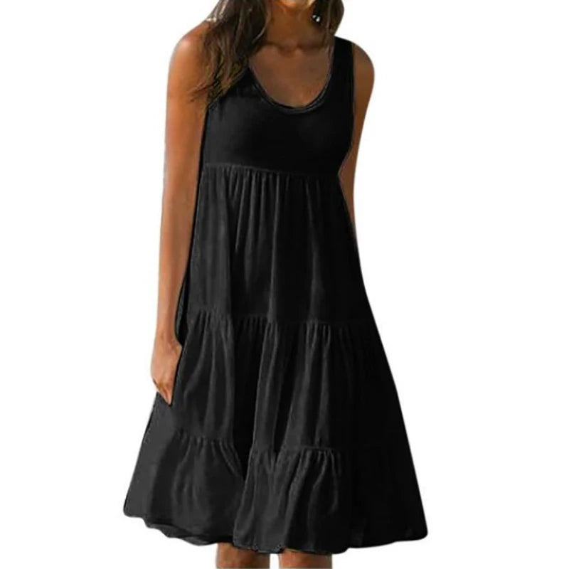 Women Casual Solid Mini Dress 2024 Summer Elegant Sleeveless Ruffles Loose Short Dress Beach Party Sundress Oversize Streetwear black