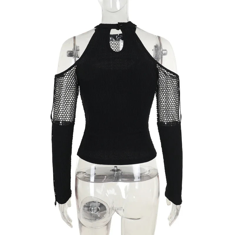 Goth Dark Punk Grunge Fishnet Patchwork Off Shoulder T-shirts Trim Corn Strap Halter Tops Autumn Mall Gothic Streetwear T-shirt