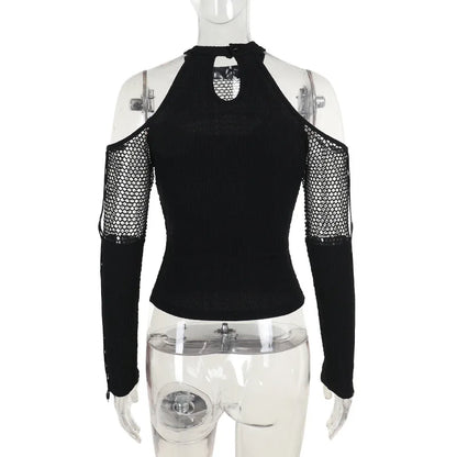 Goth Dark Punk Grunge Fishnet Patchwork Off Shoulder T-shirts Trim Corn Strap Halter Tops Autumn Mall Gothic Streetwear T-shirt